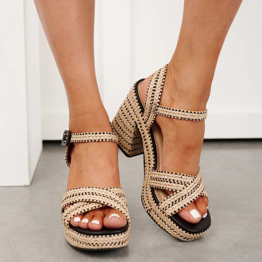 New Open Toe Raffia Espadrille Platform Sandals Mary-Jane Ankle Strap Block Heel - Picture 5 of 8